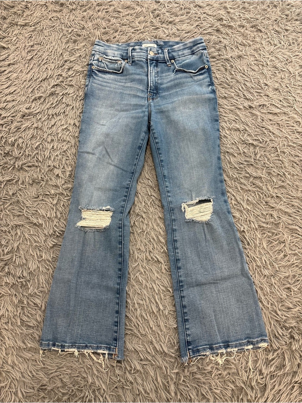 Good American Women’s Bootcut Jeans 6/28 Distressed Raw Hem Kick Flare Blue